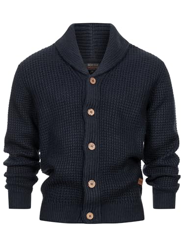 Indicode Herren INBrandox Strickjacke mit Schalkragen und Knopfleiste | Fein-Strick Cardigan für Männer Navy, L von Indicode