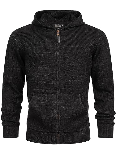 Indicode Herren INGage Strickjacke mit Kapuze und RIPP-Bündchen | Cardigan mit Reißverschluss Black L von Indicode