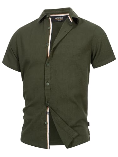 Indicode Herren INMaribo Kurzarmhemd aus Seersucker | Herrenhemd gestreift für Männer Army, L von Indicode