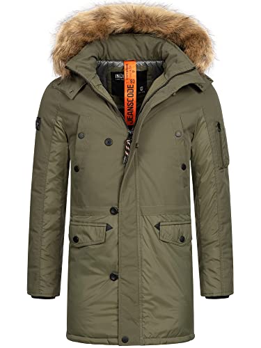 Indicode Herren Jarl Winterparka mit abnehmbarer Kunstfell-Kapuze und Stehkragen | warme dicke Winterjacke Army, XXL von Indicode