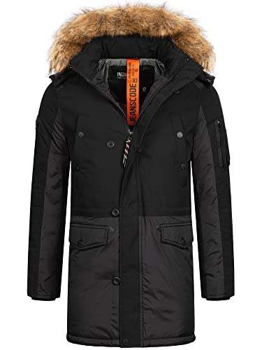 Indicode Herren Jarl Winterparka mit abnehmbarer Kunstfell-Kapuze und Stehkragen | warme dicke Winterjacke Black, M von Indicode