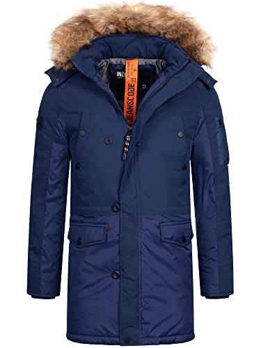 Indicode Herren Jarl Winterparka mit abnehmbarer Kunstfell-Kapuze und Stehkragen | warme dicke Winterjacke Navy, XL von Indicode