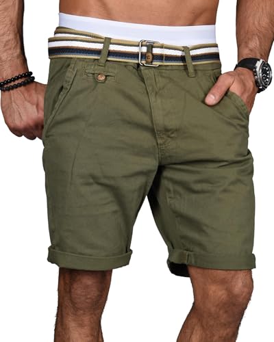 Indicode Herren Sommer Bermuda Chino Shorts Kurze Hose Sommerhose Short mit Gürtel B499 [B499-Olive-Gr.XL] von Indicode