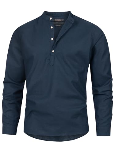 Indicode Herren Waylon Hemd mit V-Ausschnitt aus Leinen-Baumwolle Mischung | Herrenhemd für Männer Navy, M von Indicode