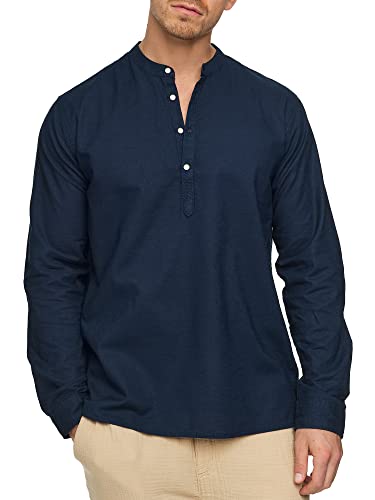 Indicode Herren Waylon Hemd mit V-Ausschnitt aus Leinen-Baumwolle Mischung | Herrenhemd für Männer Navy XXL von Indicode