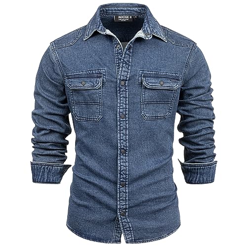 Indicode Herrenhemd - Modell Cash- 84% Baumwolle- Jeansoptik – Vintage Hemd Cargo Langarm-Hemd für Männer - Hoher (S, Dark Navy) von Indicode