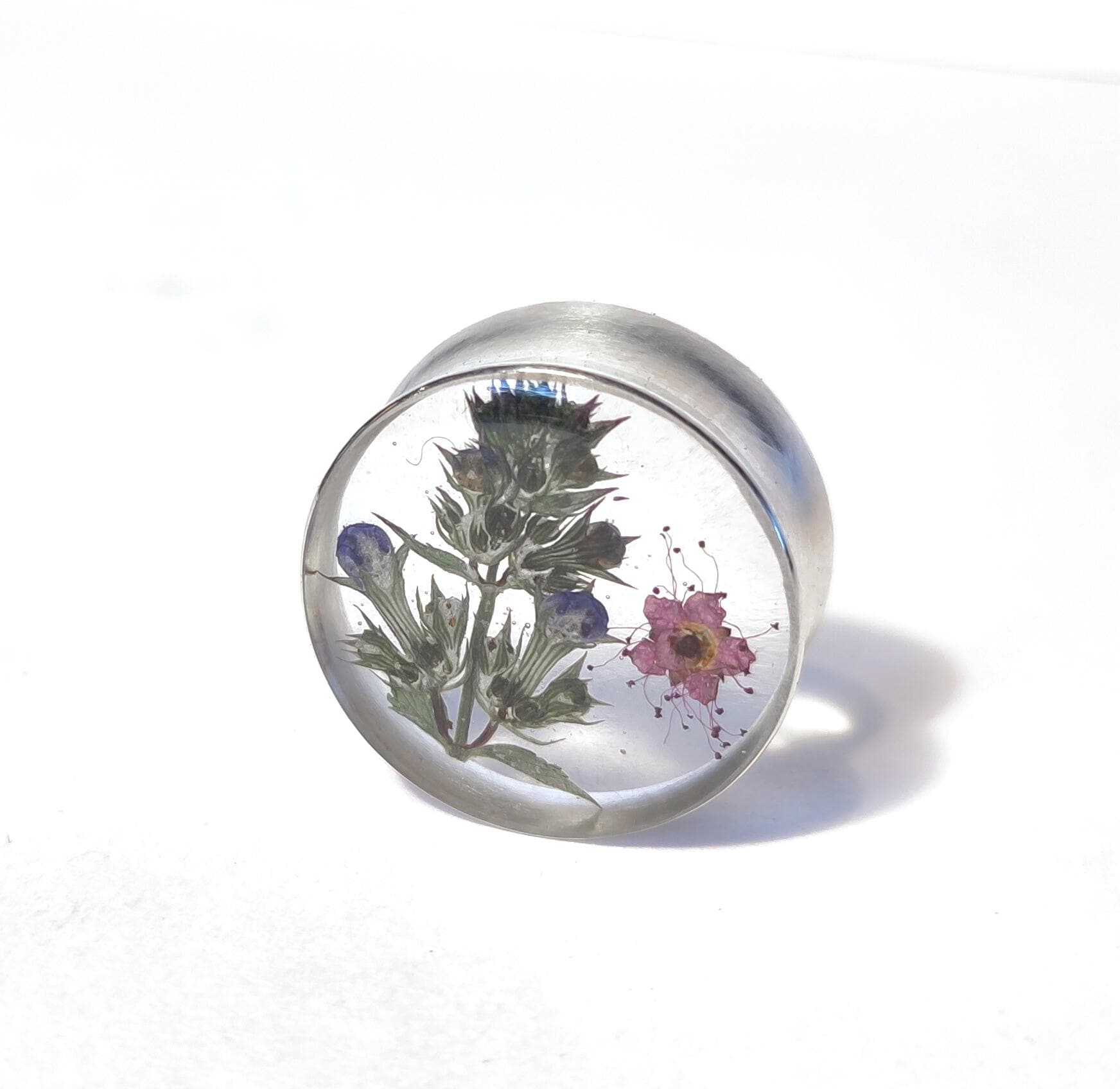 Flesh Tunnel Ohrtunnel Silber Resin Getrocknete Blumen 22 Auf 20 Mm Unique von Indieyou