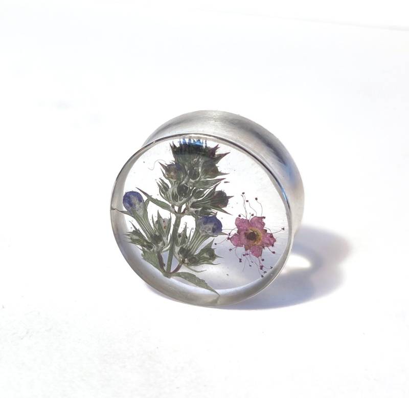Flesh Tunnel Ohrtunnel Silber Resin Getrocknete Blumen 22 Auf 20 Mm Unique von Indieyou