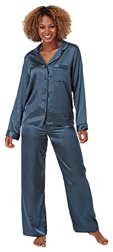 Indigo Sky Astara Damen-Pyjama aus Satin in voller Länge mit Kontrastpaspelierung, ozeanblau, 26-28 von Indigo Sky