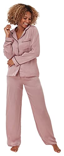 Indigo Sky Damen-Pyjama „Astara“ aus Satin in voller Länge mit Kontrastpaspelierung, Pink, 26-28 von Indigo Sky