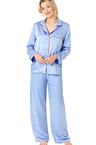 Indigo Sky Damen Womens Astara Full Length Satin Pyjama with Contrast Piping Pyjamaset, Denim, 14-16 von Indigo Sky
