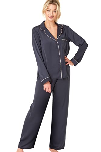 Indigo Sky Damen Womens Astara Full Length Satin Pyjama with Contrast Piping Pyjamaset, Ebenholz Schwarz, 18-20 von Indigo Sky