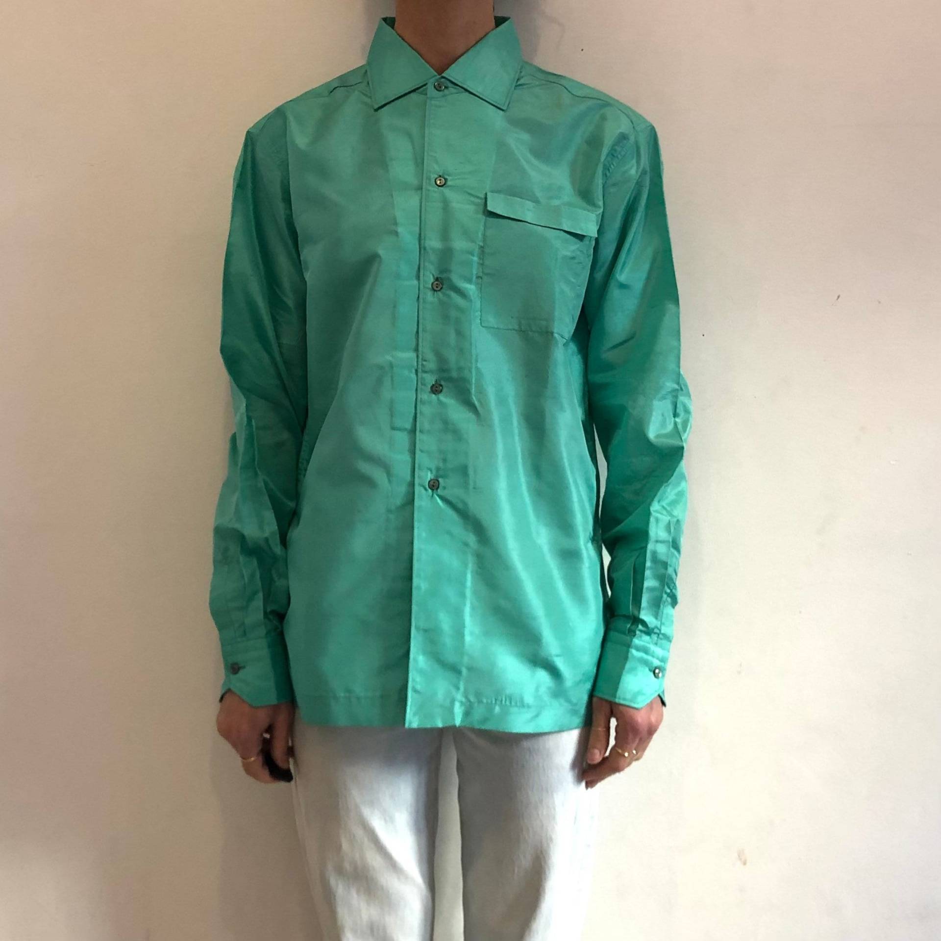 60Er Emilio Pucci Türkis Rohseide Tadelloses Herren Unisex Button Up Shirt von IndigoBluesVintage