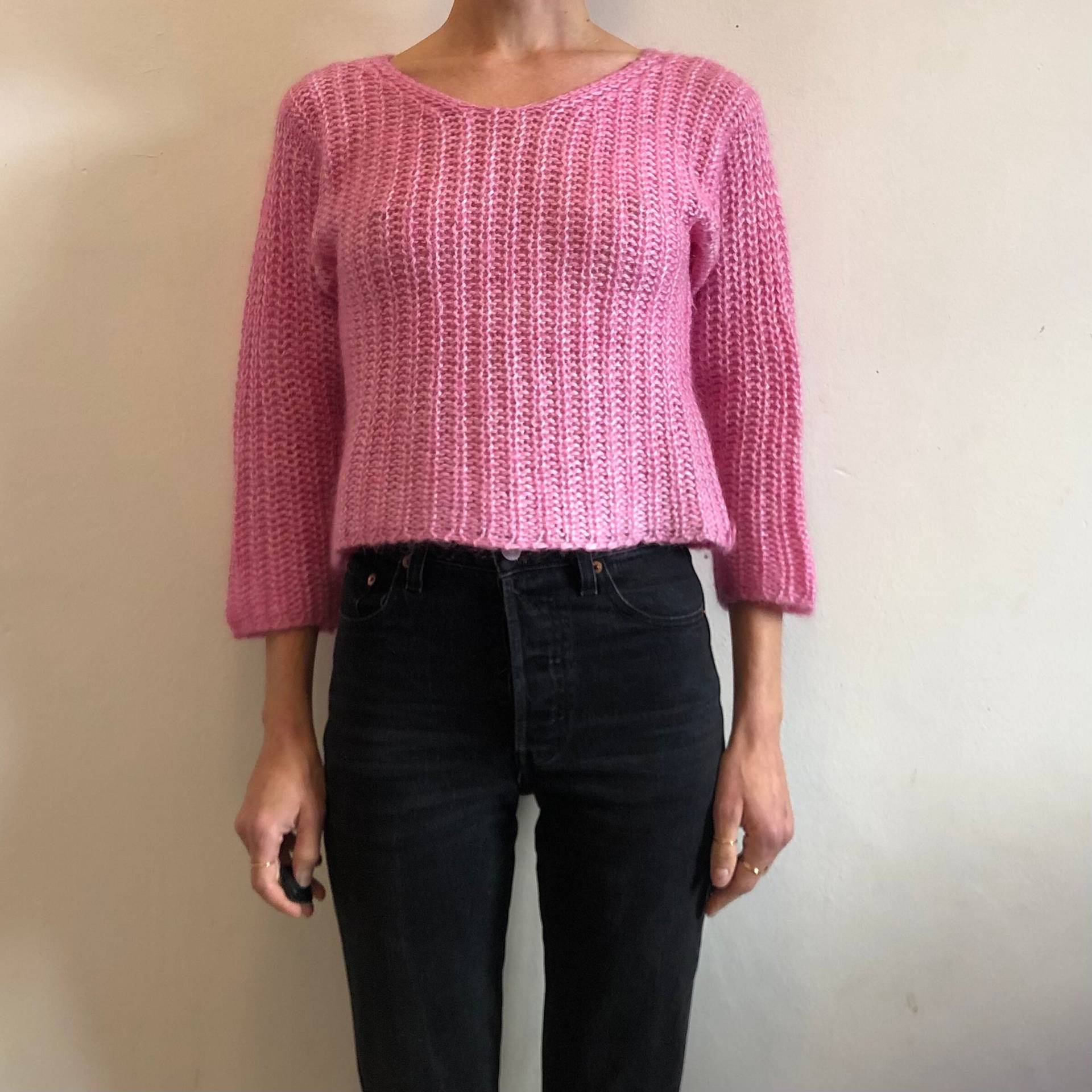 80Er Bubble Gum Pink Breiter Strick Boxy Cropped Mohair Wollpullover von IndigoBluesVintage