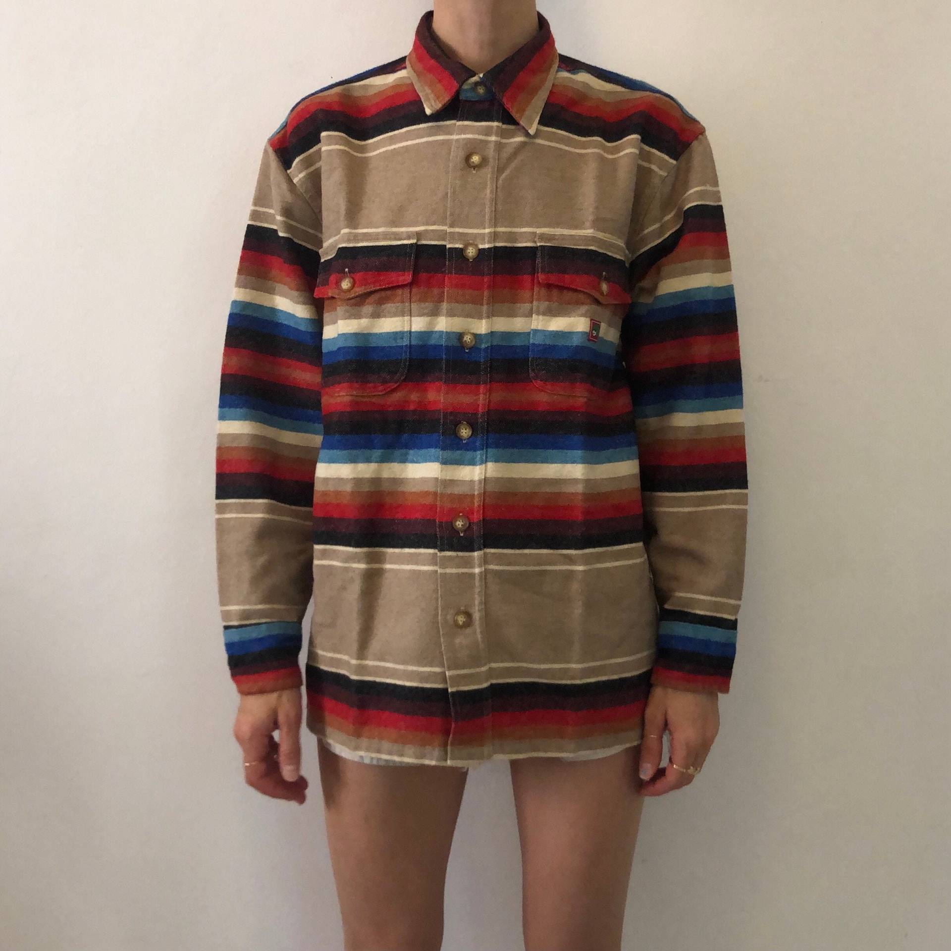 80Er Kenzo Gestreift Wolle Herren Unisex Button Up Lumberjack Shirt von IndigoBluesVintage