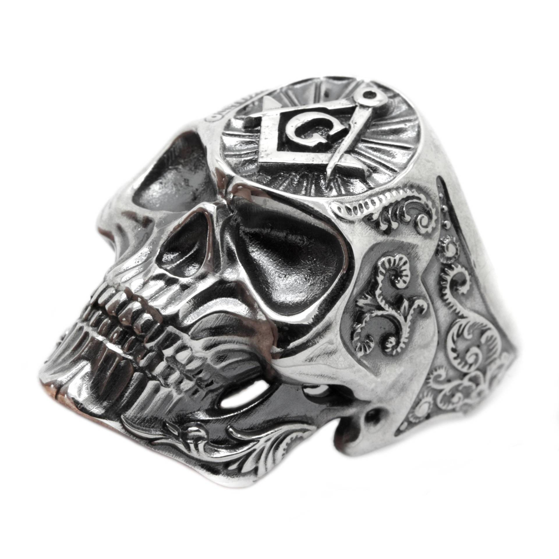 Freimaurer Schädel Ring, Grobstrick Herren Ring , Sterling Silber 925, Große G-Quadrat Und Kompass Okkulter von IndigoJewelry925