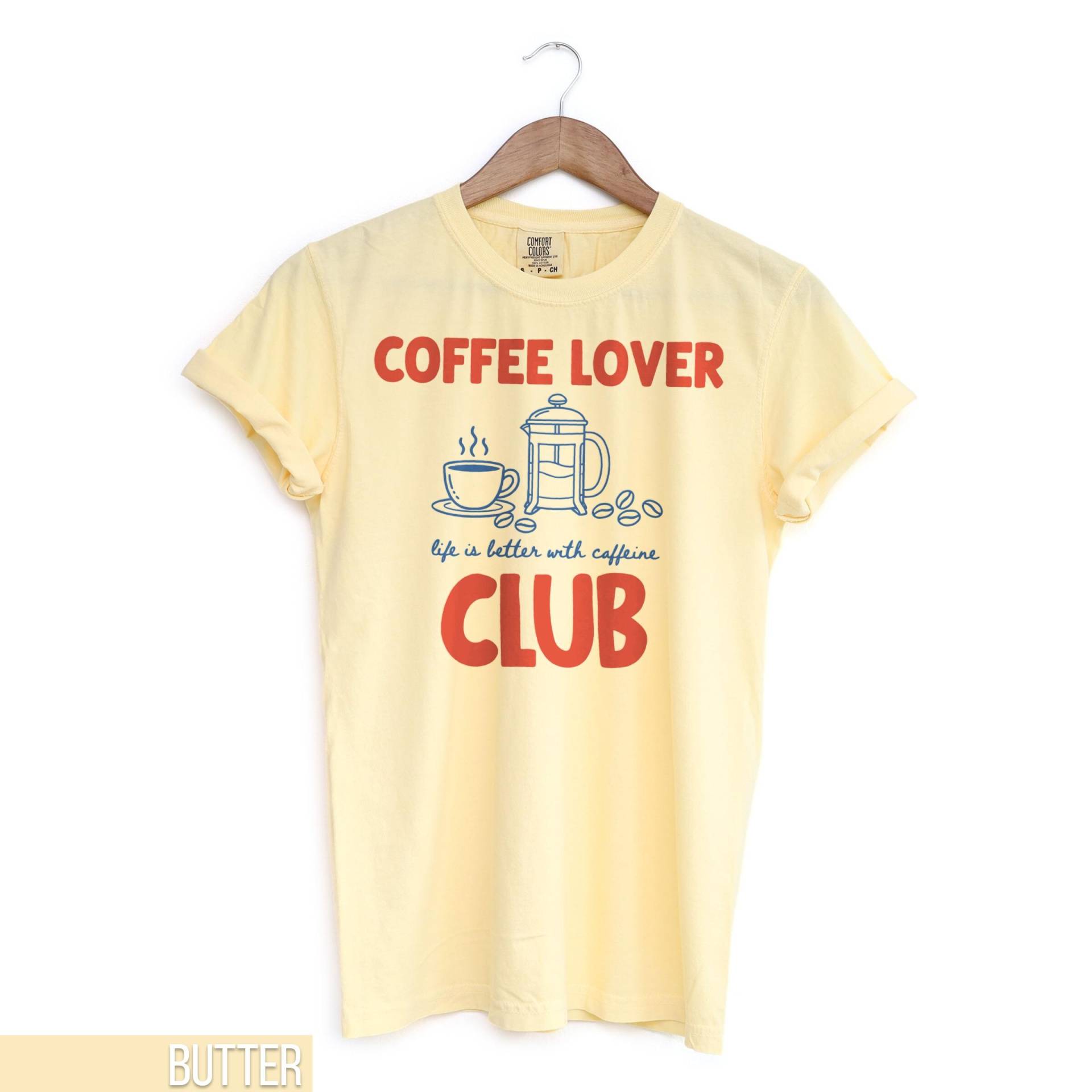 Kaffee Liebhaber Club Shirt, Vintage Comfort Farben T-Shirt, Süßes Koffein Addict French Press Grafik Bohnen Retro Shirt von IndigoLakeDesign