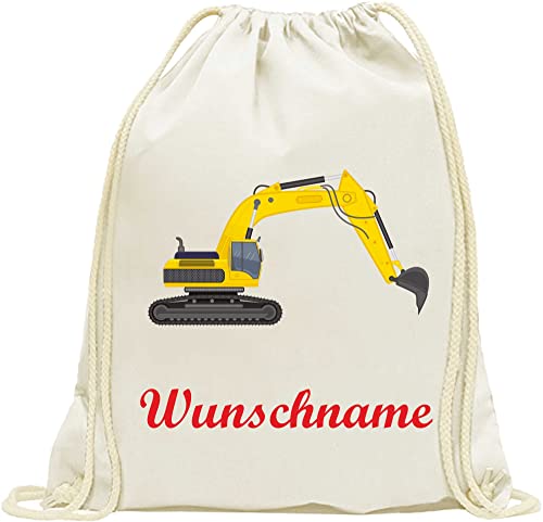 Turnbeutel - Beutel - 004 - Bagger - Bedruckt mit Wunschname - Wunschtext aus 100% Baumwolle - Rucksack - Wäschebeutel für Kinder - Schule - Kita - Kindergarten individuell personalisiert von Indigos