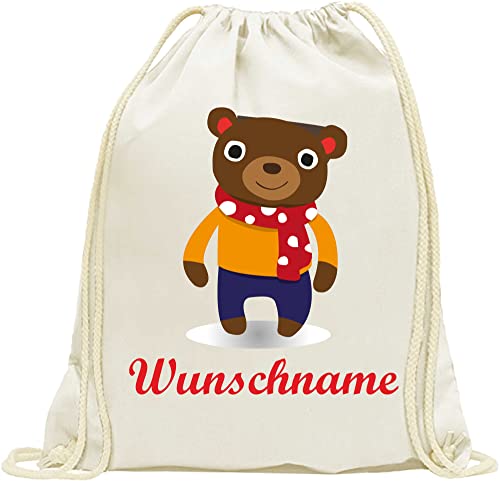 Turnbeutel - Beutel - 026 - Teddybär - Bedruckt mit Wunschname - Wunschtext aus 100% Baumwolle - Rucksack - Wäschebeutel für Kinder - Schule - Kita - Kindergarten individuell personalisiert von Indigos