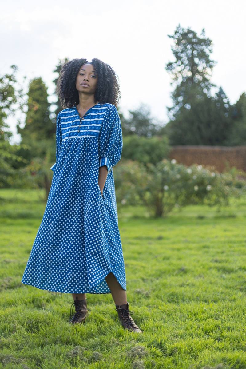 Blaues Kleid Sommerkleid Baumwollkleid Boho Urlaubskleid Bedrucktes Blockprint Indi 722A von Indigowares