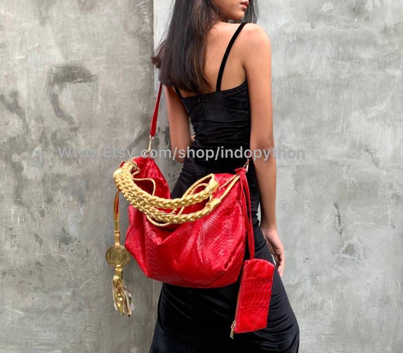 Rote Tasche, Pythonleder-Tasche, Schlangenhaut Geldbeutel, Goldene Geschenk Für Sie, Modetasche, Pythonleder Geldbörse, Pythonhandtasche, Rote von IndoPython