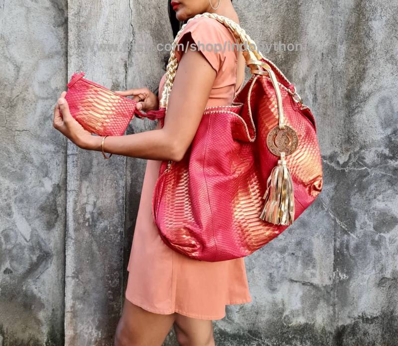 Rote Tasche, Pythonleder-Tasche, Schlangenhaut Geldbeutel, Goldene Geschenk Für Sie, Modetasche, Pythonleder Geldbörse, Pythonhandtasche, Rote von IndoPython