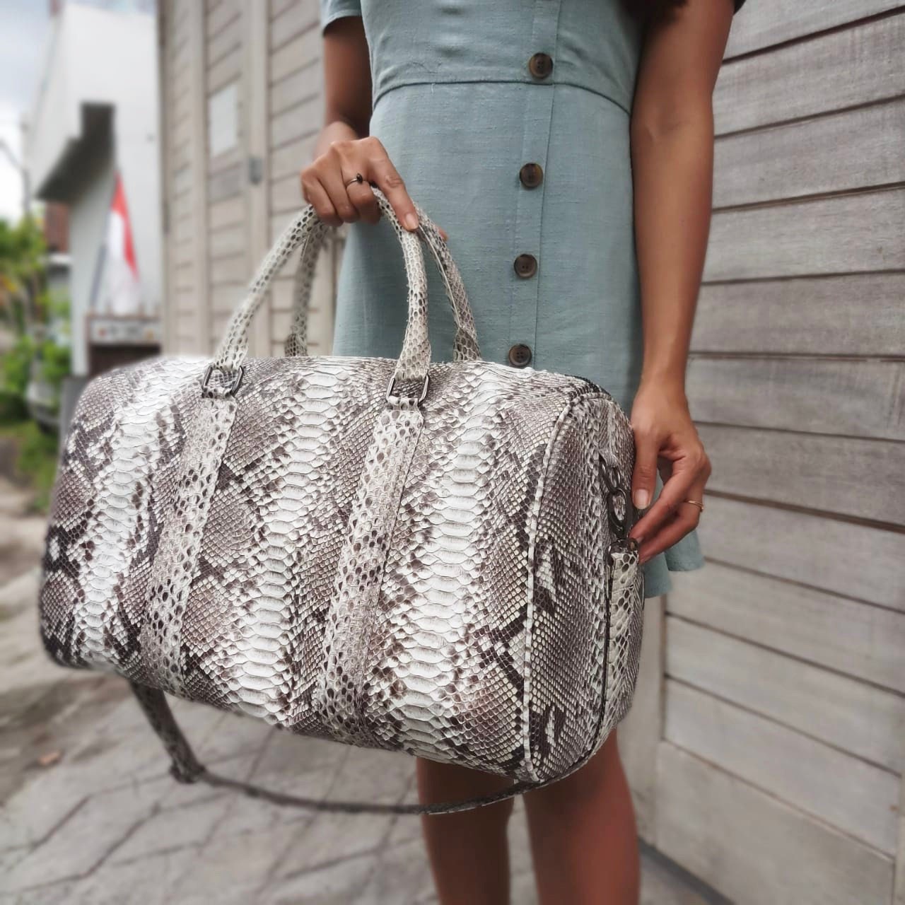 Schwarze Und Weiße Python Reise Big Bag Schlangenleder Echtleder Geldbeutel Handtasche Duffel Schwarz von IndoPython