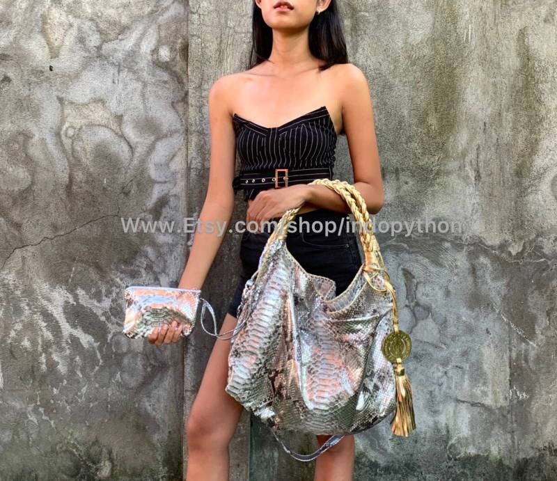 Silber Tasche, Gold Python Schlangenleder Geldbörse, Geschenk Für Sie, Hobo Handtasche, Handtasche von IndoPython