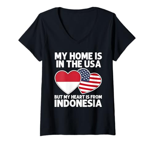 Damen Mein Zuhause USA Mein Herz Indonesien Indonesian American Pride T-Shirt mit V-Ausschnitt Damen Mein Zuhause USA Mein Herz Indonesien Indonesian American Pride T-Shirt mit V-Ausschnitt von Indonesia Pride Flag Apparel