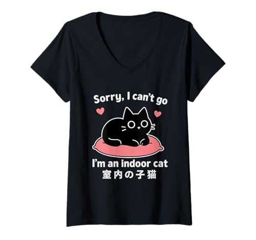 Damen Lustiges Zitat Sorry I Can't go I'm an Indoor cat süße Schwarze Katze T-Shirt mit V-Ausschnitt Damen Lustiges Zitat Sorry I Can't go I'm an Indoor cat süße Schwarze Katze T-Shirt mit V-Ausschnitt von Indoor Cat Cozy Vibes for Cat Lovers and Owners
