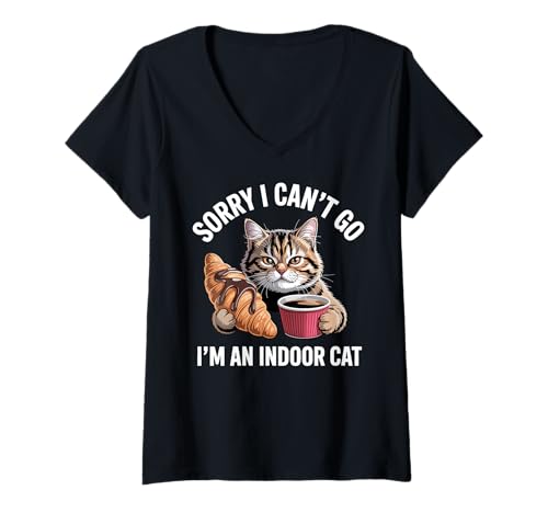 Damen Sorry I Can't Go Ich Bin eine Hauskatze, die Brot isst Lustig T-Shirt mit V-Ausschnitt Damen Sorry I Can't Go Ich Bin eine Hauskatze, die Brot isst Lustig T-Shirt mit V-Ausschnitt von Indoor Cat Excuse Croissant Bread Funny Cat Meme