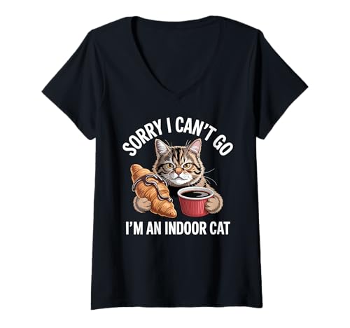 Damen Sorry I Can't Go Ich Bin eine Hauskatze, die Croissant-Brot isst T-Shirt mit V-Ausschnitt Damen Sorry I Can't Go Ich Bin eine Hauskatze, die Croissant-Brot isst T-Shirt mit V-Ausschnitt von Indoor Cat Excuse Croissant Bread Funny Cat Meme
