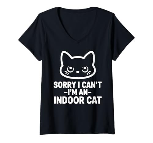 Damen Sorry I Can't I'm An Indoor Cat Lustige Guckkatze, introvertiert T-Shirt mit V-Ausschnitt Damen Sorry I Can't I'm An Indoor Cat Lustige Guckkatze, introvertiert T-Shirt mit V-Ausschnitt von Indoor Cat Excuse Peeking Cat Funny Cat Meme Cute