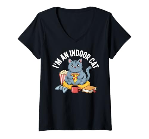Damen I'm An Indoor Cat Lustige Katze Pizza Love Popcorn Gamer T-Shirt mit V-Ausschnitt Damen I'm An Indoor Cat Lustige Katze Pizza Love Popcorn Gamer T-Shirt mit V-Ausschnitt von Indoor Cat Excuse Pizza Kawaii Funny Cat Meme