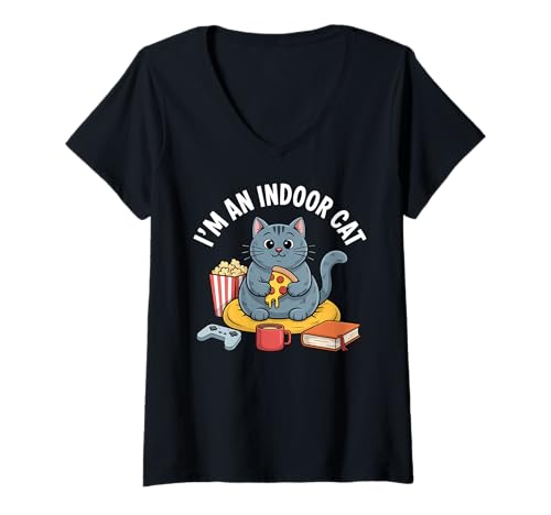 Damen Ich Bin an Indoor Cat Introvertiert Pizza Popcorn Buch Gamer Cat T-Shirt mit V-Ausschnitt Damen Ich Bin an Indoor Cat Introvertiert Pizza Popcorn Buch Gamer Cat T-Shirt mit V-Ausschnitt von Indoor Cat Excuse Pizza Kawaii Funny Cat Meme