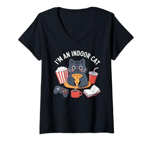 Damen Ich Bin eine Hauskatze Kawaii-Katze, die Pizza isst und Spiele spielt T-Shirt mit V-Ausschnitt Damen Ich Bin eine Hauskatze Kawaii-Katze, die Pizza isst und Spiele spielt T-Shirt mit V-Ausschnitt von Indoor Cat Excuse Pizza Kawaii Funny Cat Meme