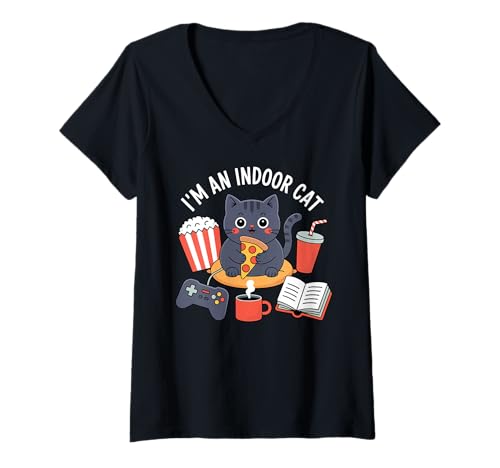 Damen Ich Bin eine Hauskatze Süße Katze, die Pizza isst und Videospiele spielt T-Shirt mit V-Ausschnitt Damen Ich Bin eine Hauskatze Süße Katze, die Pizza isst und Videospiele spielt T-Shirt mit V-Ausschnitt von Indoor Cat Excuse Pizza Kawaii Funny Cat Meme