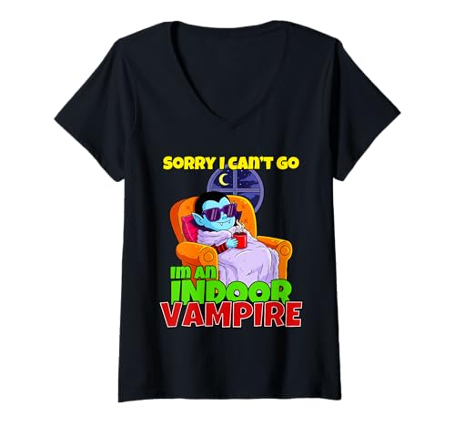 Damen Lustiger Indoor Vampire Halloween Kostüm Lazy T-Shirt mit V-Ausschnitt von Indoor Vampires