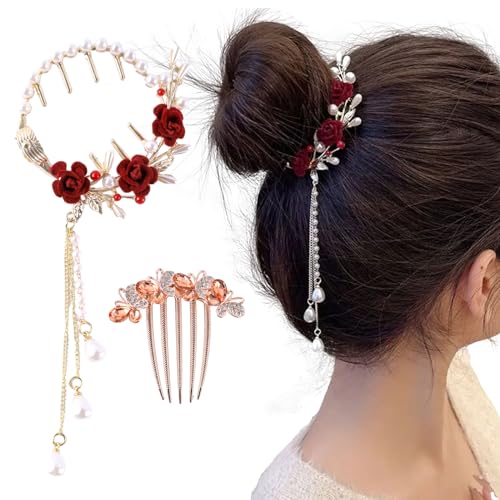 2 Stück Perle Rose Haarklammer Schmetterlinge und Blumen Haar Steckkamm mit Strass Quaste Pille Haarspangen Pferdeschwanz Schnalle Vintage Rot Rose Blumen Perlen Haarklammern für Frauen von Indrnif