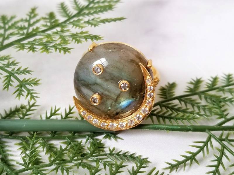 Labradorit Edelstein Cabochon Cz Pave Halbmond Statement Cocktail Celestial Ring Sz 9 von IndulgeGems