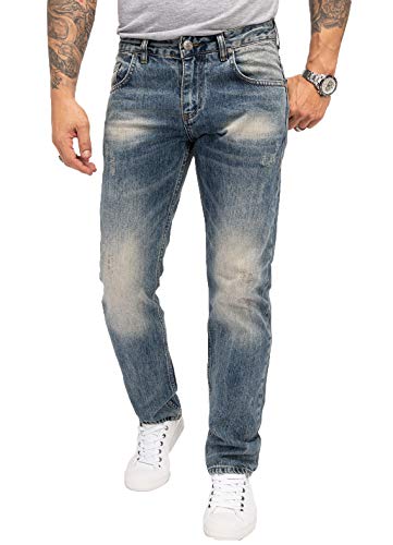 Indumentum Jeans Herren Regular Fit Hose Männer Jeans Hosen Herrenjeans Denim Herrenhose Mens Pant Herrenhose Used-Look Blau IR-500 W32 L32 von Indumentum