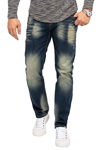 Indumentum Jeans Herren Regular Fit Hose Männer Jeans Hosen Herrenjeans Denim Herrenhose Mens Pant Herrenhose Used-Look Dunkelblau IR-502 W33 L30 von Indumentum