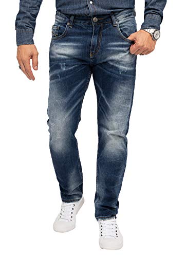 Indumentum Jeans Herren Regular Fit Hose Männer Jeans Hosen Herrenjeans Denim Herrenhose Mens Pant Herrenhose Used-Look Dunkelblau IR-503 W42 L30 von Indumentum