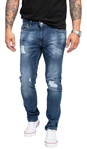 Indumentum Jeans Herren Slim Fit Hose Stretch Männer Jeans Hosen Herrenjeans Denim Herrenhose Mens Pant Stretchjeans Destroyed-Look Blau IS-304 W29 L30 von Indumentum