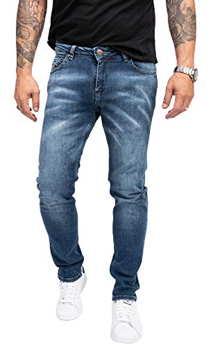 Indumentum Jeans Herren Slim Fit Hose Stretch Männer Jeans Hosen Herrenjeans Denim Herrenhose Mens Pant Stretchjeans Laser-Effekt Blau IS-300 W31 L32 von Indumentum