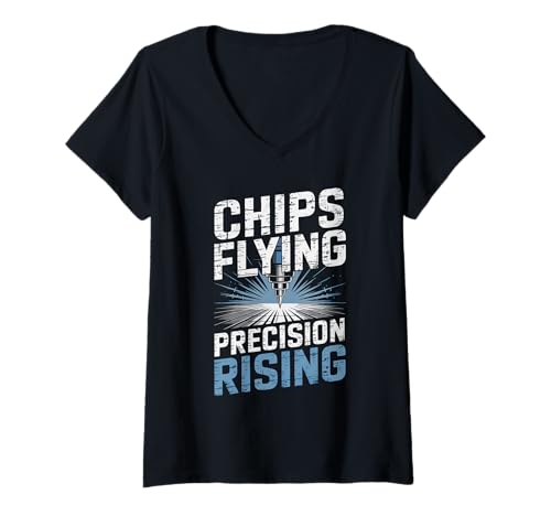 Damen CNC Machining Chip Action Graphic T-Shirt mit V-Ausschnitt Damen CNC Machining Chip Action Graphic T-Shirt mit V-Ausschnitt von Industrial Operator Engineering Apparel