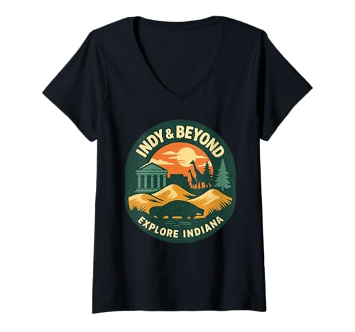 Damen Indy and Beyond Shirt Erkunden Sie den Sonnenuntergang im Indiana Zoo Museum T-Shirt mit V-Ausschnitt von Indy and Beyond Tee Shirts for Indiana Travelers