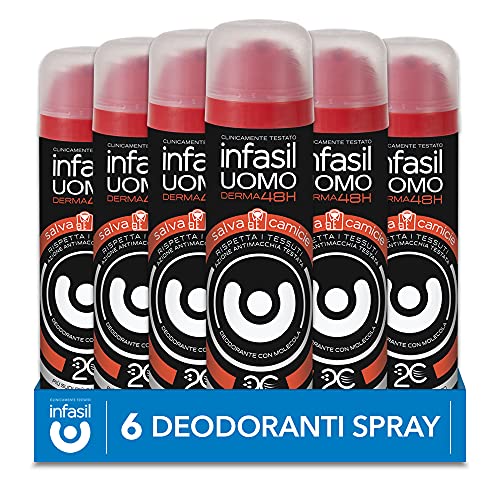 Infasil Deodorant Spray Herren Derma 48h Hemdschutz mit Molekül 2C, Betacyclodextrin, für Männerkleidung, 6 Deodorants a 150 ml von Infasil