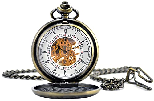 Unendlich U Fashion Retro Handaufzug Mechanische Taschenuhr Römisch Duale Zeitanzeigen Hohle Skelett Kettenuhr Pullover Halskette Bronze von Infinite U