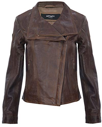 Damen Braun Echtlederjacke Classic Motorradfahrer Style Schal 3XL von Infinity Leather